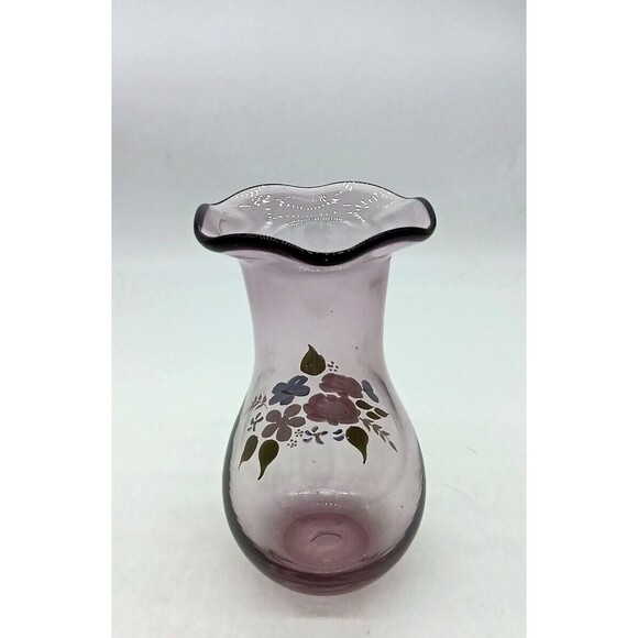 Vintage Fenton Amethyst Purple Glass Floral Hand Painted Vase - Picture 3 of 7